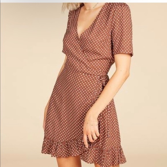 Reformation Lucky Mini wrap Dress Brown polka dot XL, runs small - Picture 7 of 9